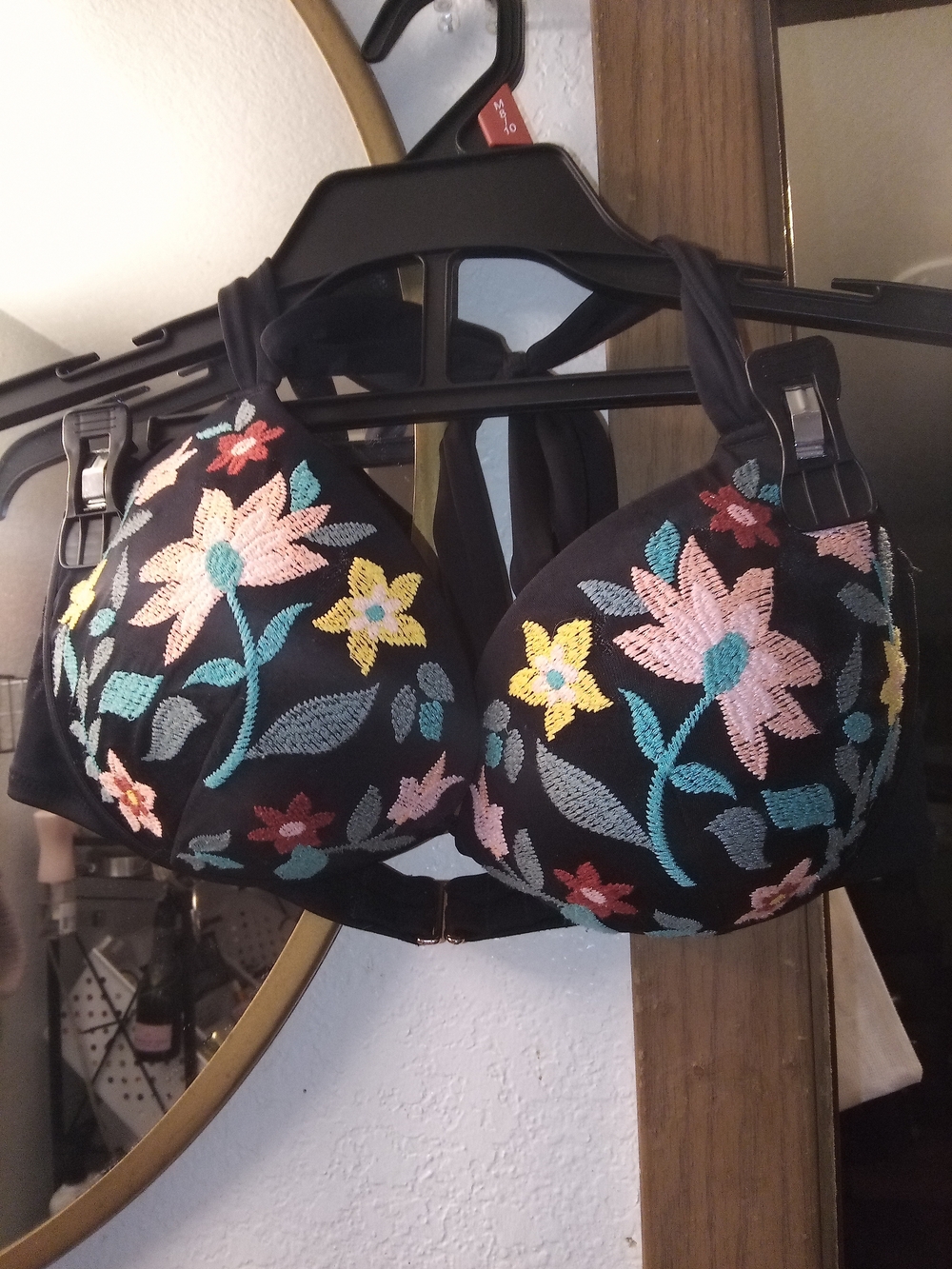 Shade & Shore Black Bikini Top with Multicolor Floral Embroidery
